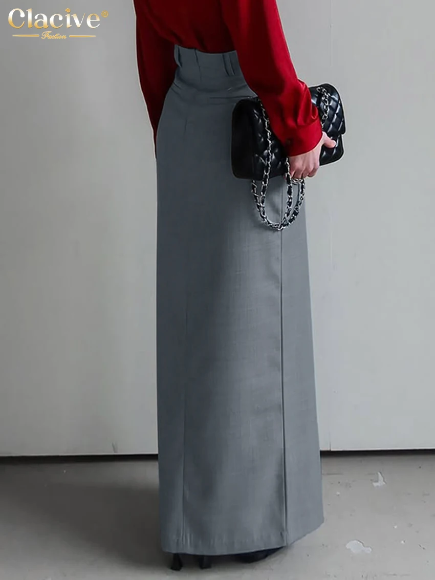 Clacive Fashion Loose Gray Office Women's Skirt 2025 Casual High Waist Maxi Skirt Elegant Classic Slit Skirt Female Clothing