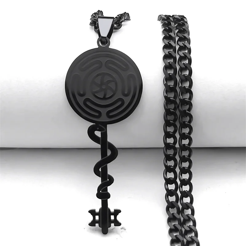 Hekate Wheel Snake Key Strophalos von Hecate Halskette für Damen Herren Edelstahl Schwarz Farbe Anhänger Halsketten Schmuck N8471 – Detail 4