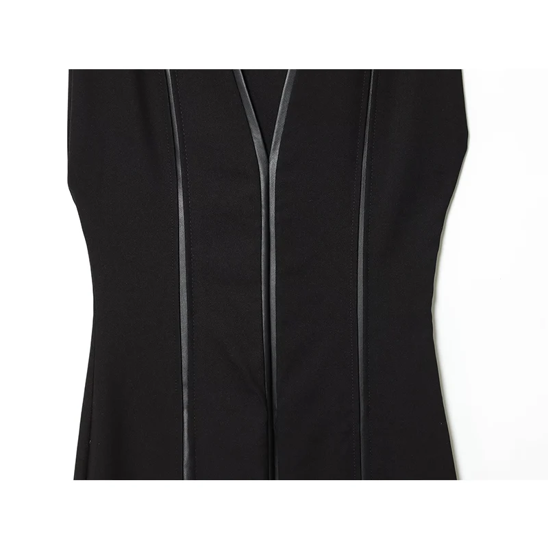 Vestido empalmado de cuero de moda, vestidos largos ajustados para mujer, vestido Midi con cuello de pico 2025, vestidos informales sin mangas para mujer