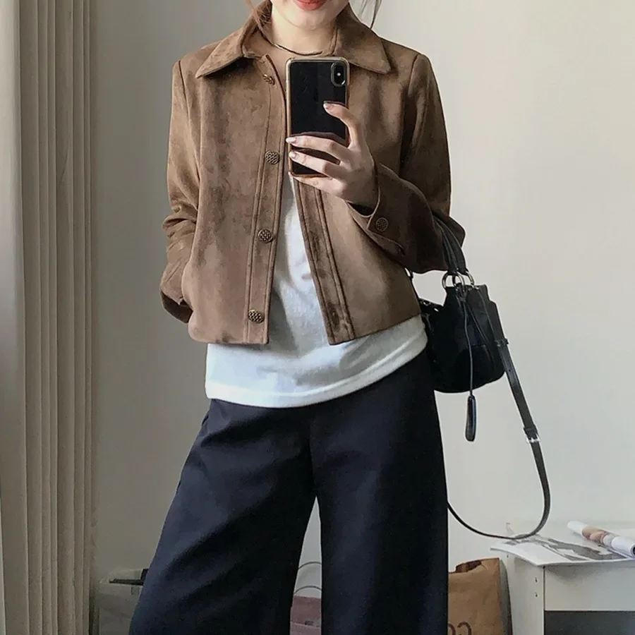 Giacca corta in pelle scamosciata da donna, vestibilità ampia e sottile, autunno inverno, nuovo stile vintage, bottoni, moda casual, top coat alla moda sexy