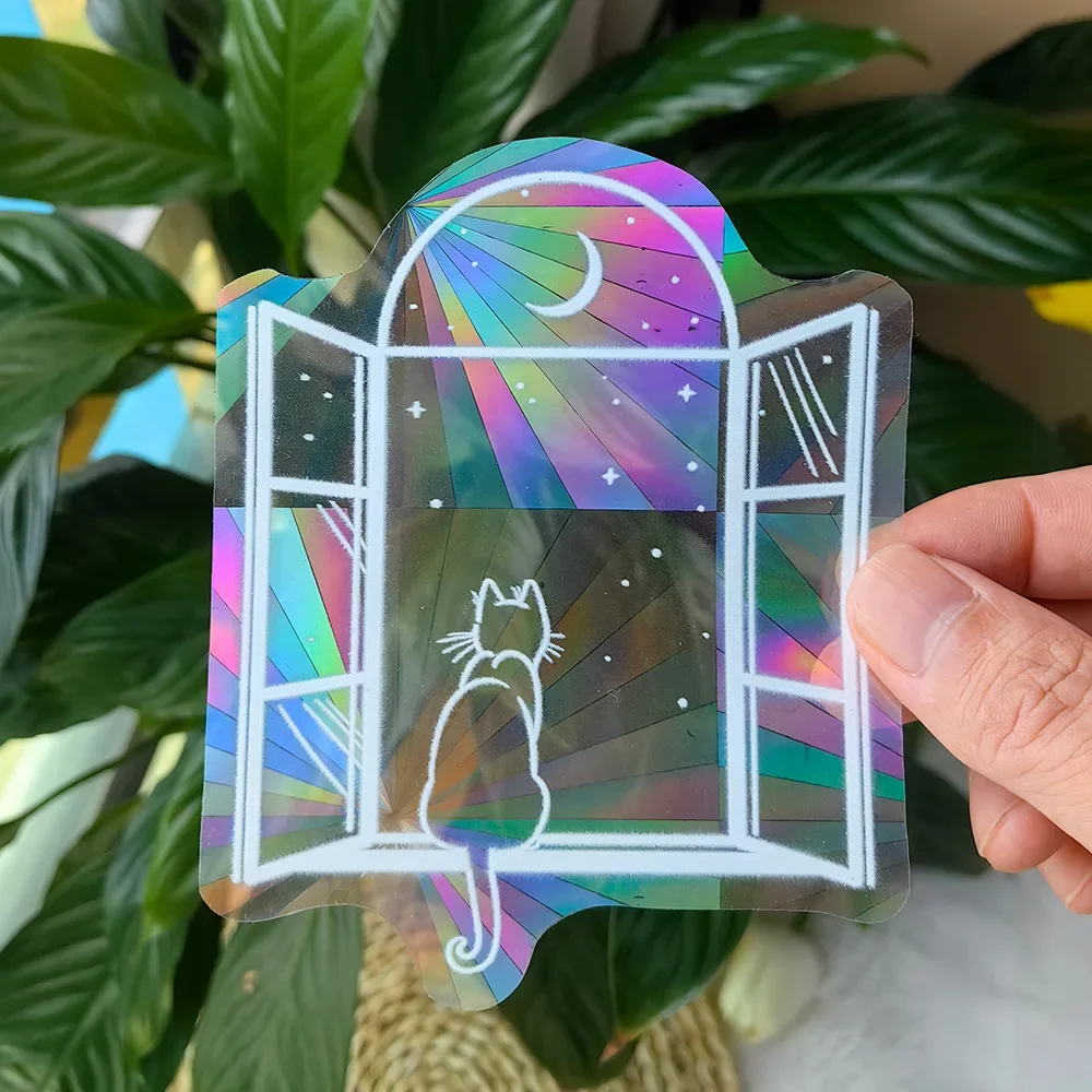 Rainbow Sun Catcher PVC Self Adhesive Glass Window Stickers Cat Leaf Suncatcher Wallpaper Rainbow Prisms Sticker Home Decor