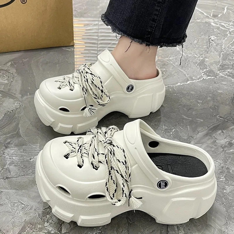 2024 Women\'s Hole Shoes Summer New EVA Thick Sole Garden Shoes Cute Cartoon 8cm High Heels Anti Slip Soft Sole Perforated Shoes