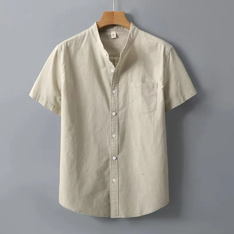 Lightweight Linen Short Sleeve Casual Shirt Men's Loose Breathable Cotton Linen  Color Chinese Style Stand Collar Nation...