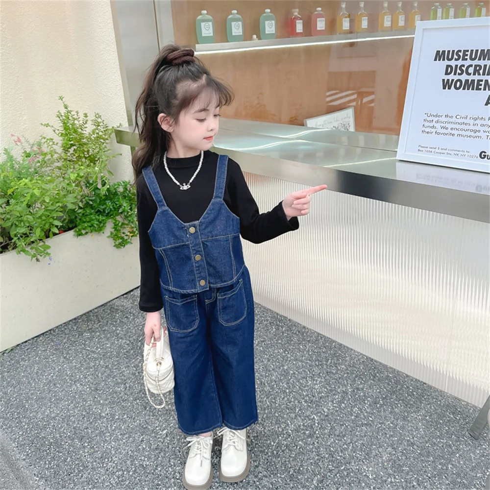 

New Autumn Children Girl Clothes Long Sleeve Button Shirt Denim Tank Tops +Elastic Waist Wide Leg Pant Jeans 3PCS Clothing Set