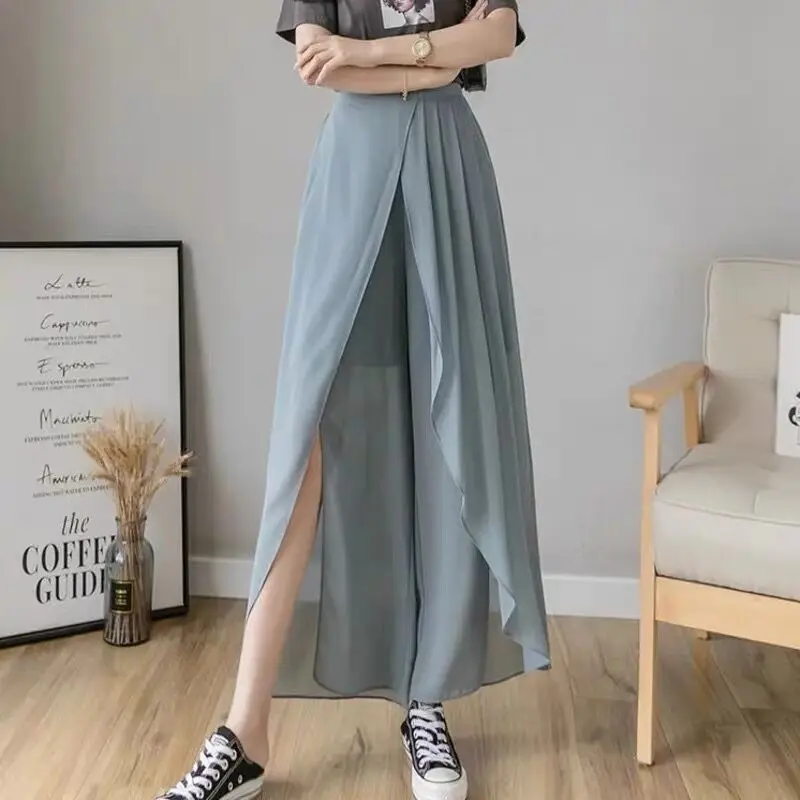 Summer Chiffon Split Skirts Pants Culottes Women Wide Leg 2 Layers Soft Breathable Cool Trousers Boho Beach Bohemian Pants