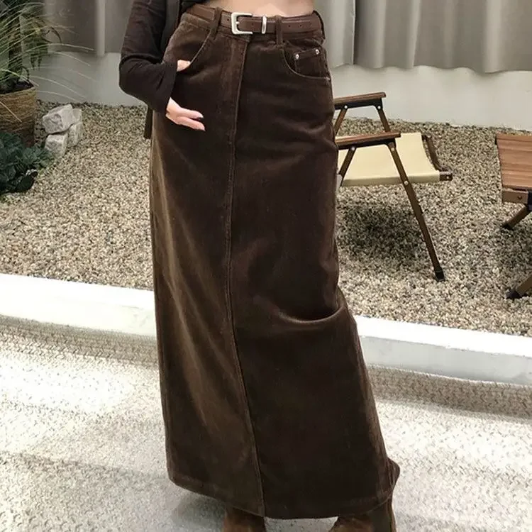 2025 Coffee Color Corduroy Half Skirt for Women Autumn/Winter Loose High-waisted Slim Fit Elegant Versatile Casual Split Skirt