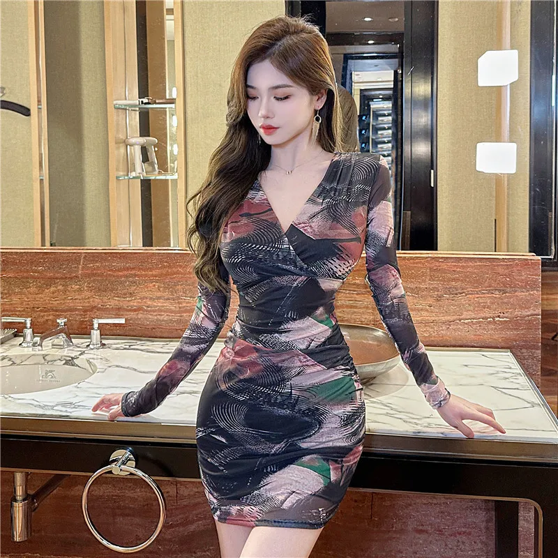 

Long Sleeve Mesh Dress Printing Slim Fit High Waist Pencil Mini Dress Fashion Korean Edition Autumn New Sexy Short Dresses