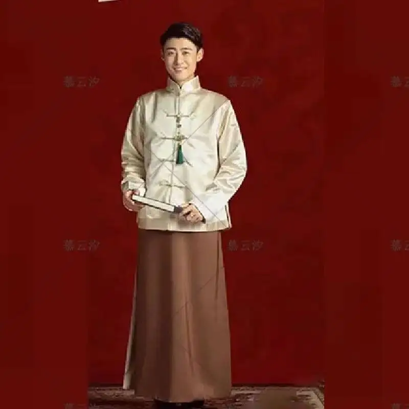 زي العريس الصيني التقليدي بدلة Xiuhe للرجال بدلة تانغ القديمة أزياء الكونغ فو هانفو على الطراز الصيني للرجال رداء طويل