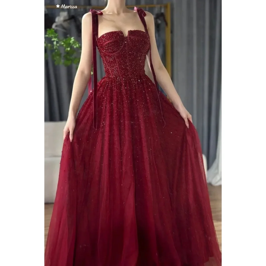 فساتين سهرة ماريسا D/حفلة مصنوعة حسب الطلب على شكل حرف a من التل لحفلات الزفاف أنيقة حمراء مكشوفة الكتفين بحزام الحمالات للحفلات الراقصة
