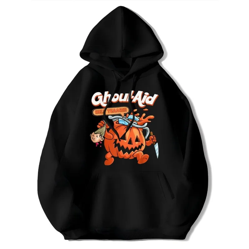 

Halloween Hoodie, Fun Pumpkin Killer Pattern Jumper, Black Hoodie Top with "no Aid" Text, Halloween Party, Cosplay, Gifts