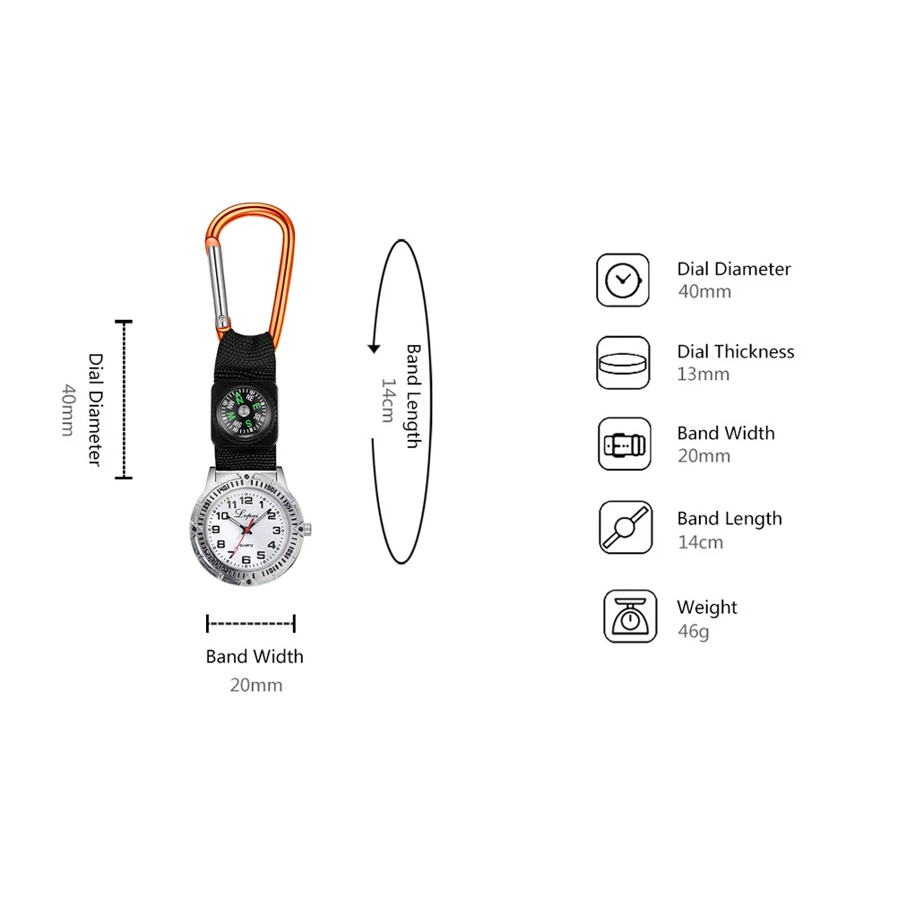 

Mountaineering Nurse Clip-on Watch Glow Pointer Yellow Carabiner Compass Watch Travel Hiking Sports Indoor Work