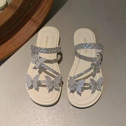 Women's Slippers Summer New Flat Round Head Diamond Butterfly Sandals Casual Fashion Light Sweet Soft Sole Slippers