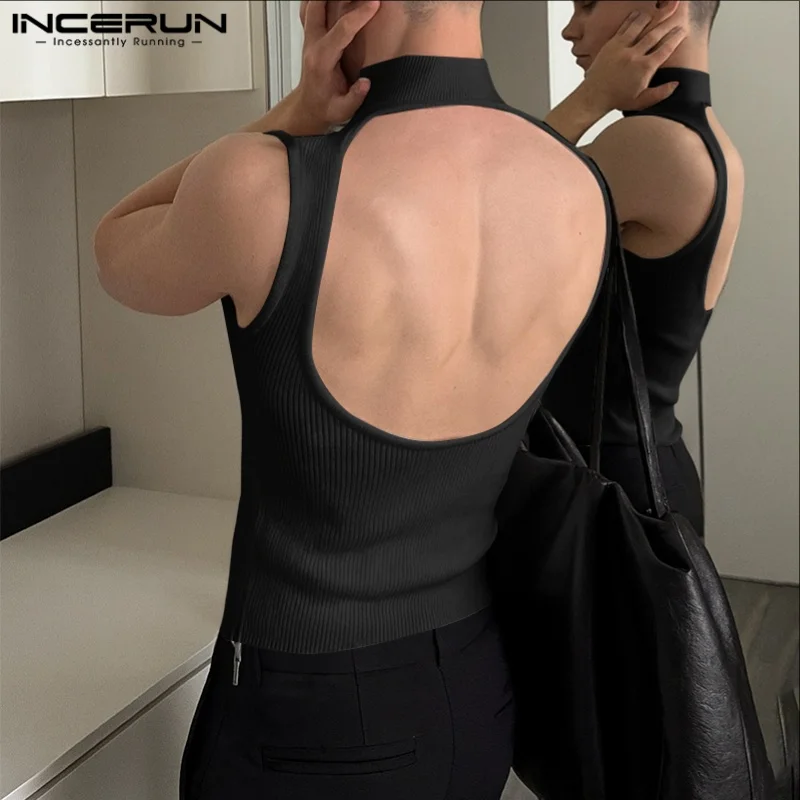 INCERUN Men Tank Tops Knitted Solid Color Turtleneck Sleeveless Male Vests Streetwear Hollow Out Backless Fashion Men Clothing