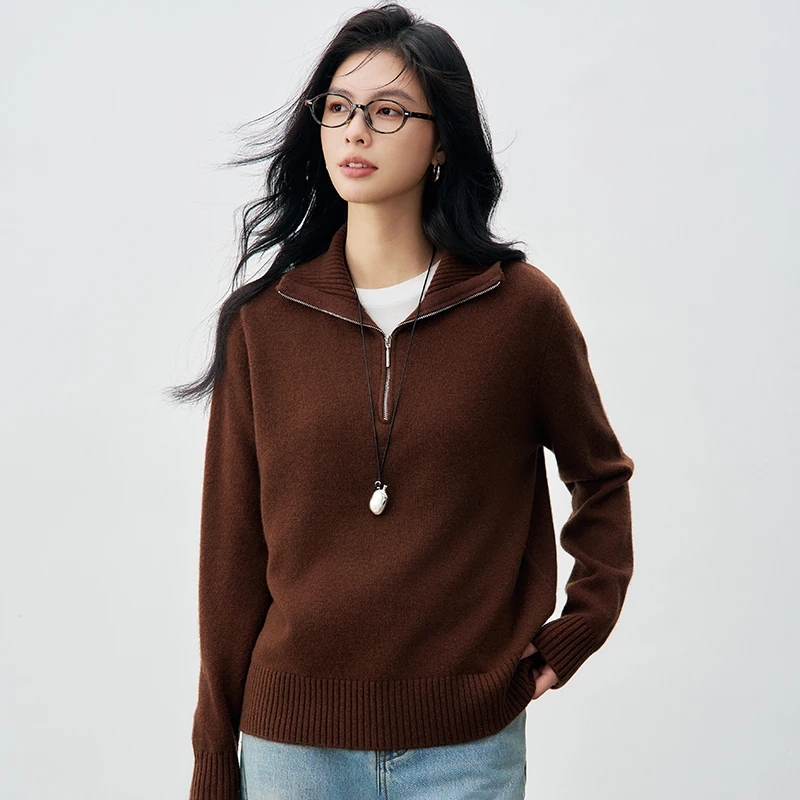 

Classic Autumn and Winter Knitted Women's Pullover Sweater With Long Sleeves and Short Zippers Breathable High-quality top