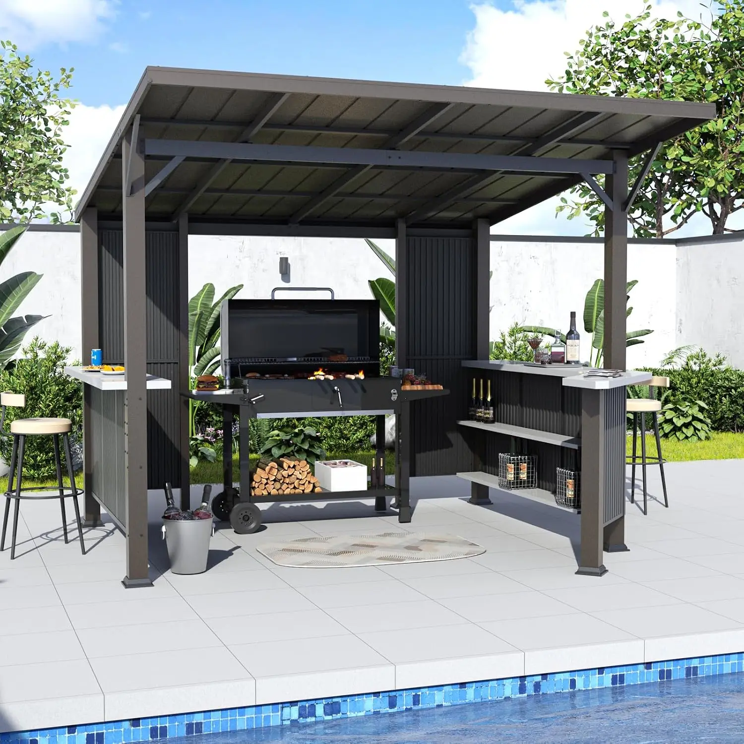 10'x 10' Hardtop Grill Gazebo, Outdoor BBQ Gazebo with Storage Shelves and Expansion Platform, Permanent Galvanized, Customized