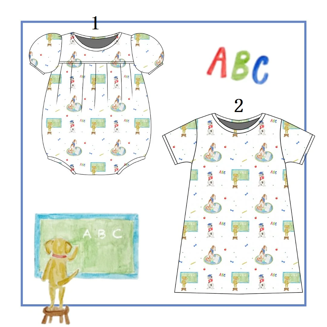 

Back to School Baby Clothes Dog Blackboard ABC Print Girls Clothes Jumpsuit Dress Boys Jumpsuit Shorts Boutique Wholesale