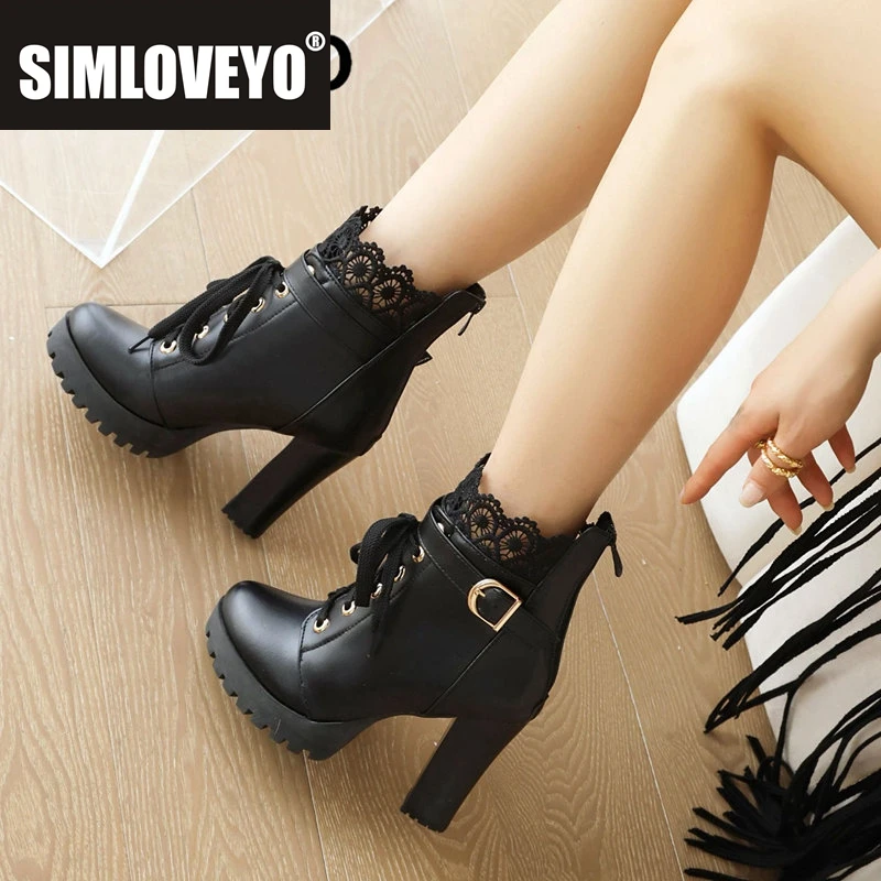 

SIMLOVEYO Женские ботильоны с круглым носком на блочном каблуке 10 см, платформа, молния, шнуровка, пряжка ремня, большой размер 41 42 43, сексуальные ботинки для свиданий