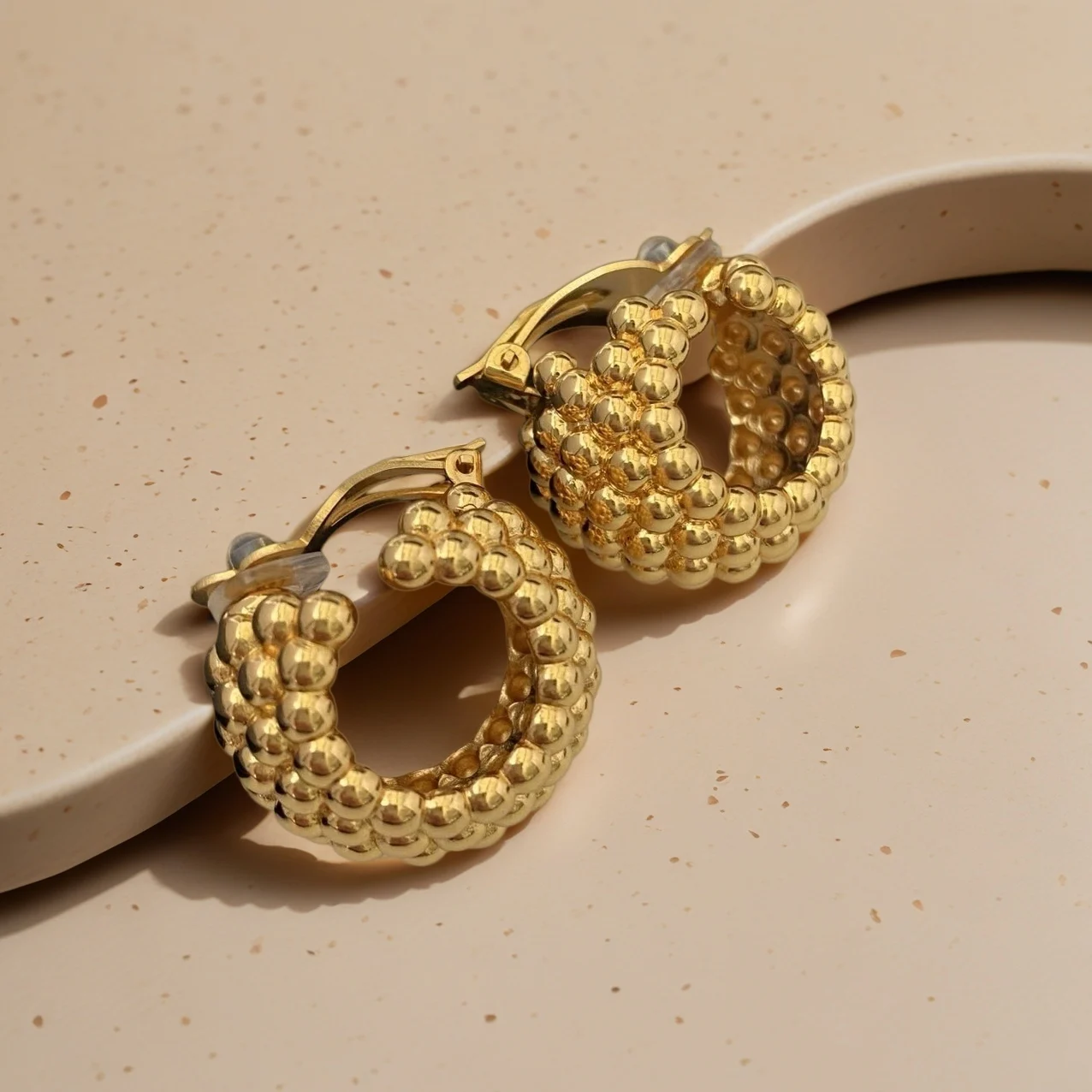 Yuri Ailey Vintage Gold Beaded Clip On Earrings for Women No Pierced Fashion Bubble Bead Hoop Ear Clips Jewelry Gift for Ladies