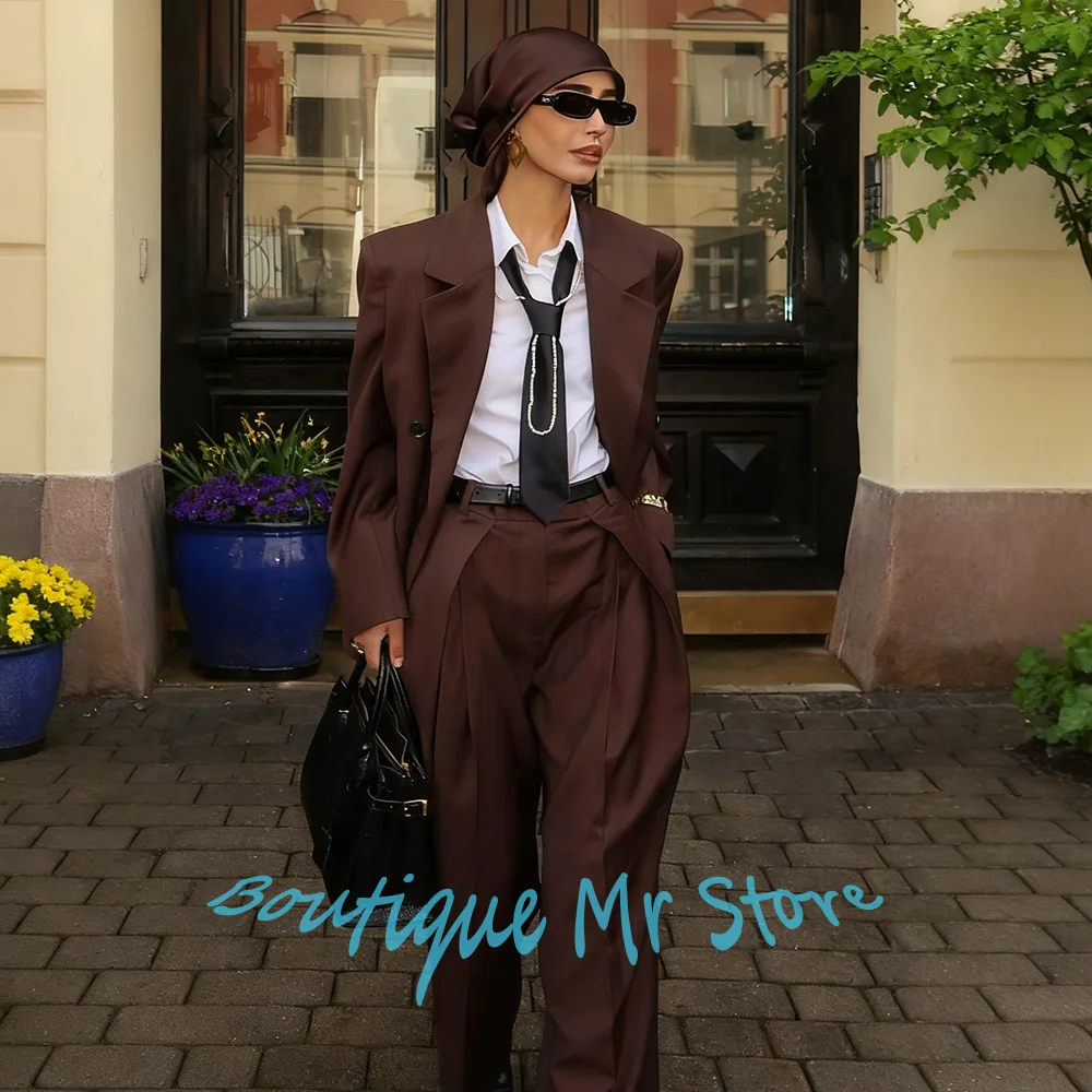 

Casual Women's Brown Suits Vintage-Inspired Jacket and Pants Set Double Breasted Notch Lapel Blazer Business Office Lady Wear