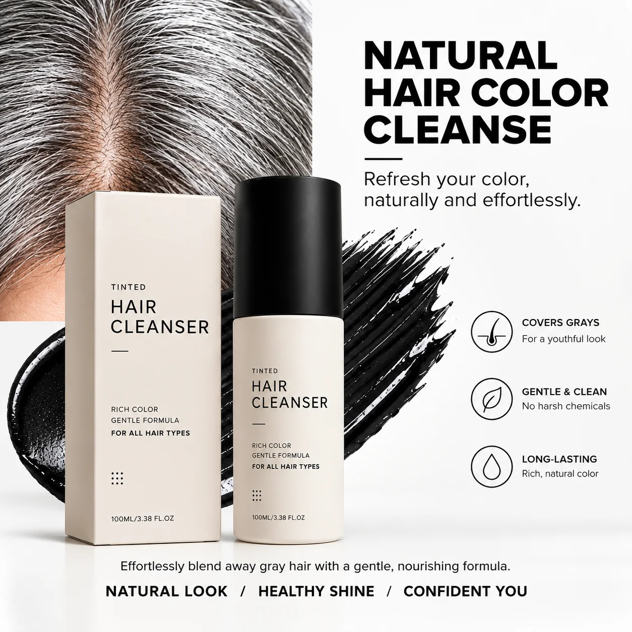 3 In 1 Semi‑Permanent Hair Color Shampoo,Long Lasting Home Hair Coloring Mess‑Free Gray Hair Solution Mild Botanical Dye Shampoo