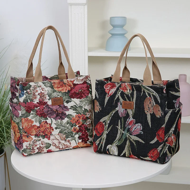 Nuevo bolso de mano de punto grueso, bolso Retro de gran capacidad con patrón Floral para bolso de mano de trabajo, compras, uso diario, viaje escolar