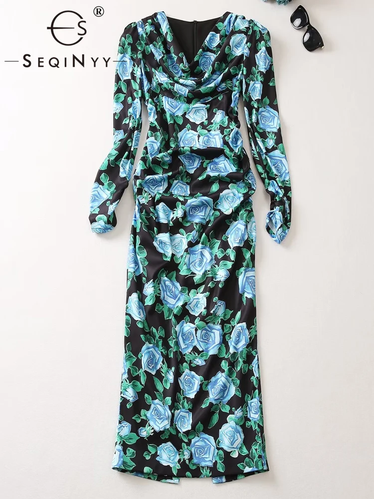 

SEQINYY Elegant Dress Summer Spring New Fashion Design Women Runway Draped High Street Blue Vintage Flower Print Split Casual