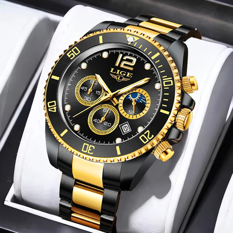 

Мужские часы LIGE, новая модная модель, черно-золотые, премиум-класса, с 24-часовым отображением фаз луны, светящиеся, водонепроницаемые, кварцевый хронограф.