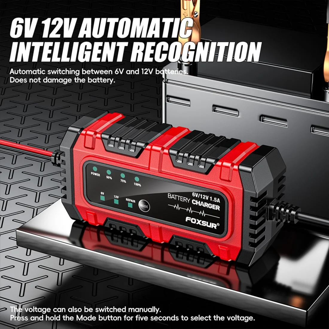 FOXSUR 6V 12V 1.5A Automatic Intelligent Recognition Battery Charger Car Motorcycle Battery Charging AGM GEL Lead-Acid Batteries