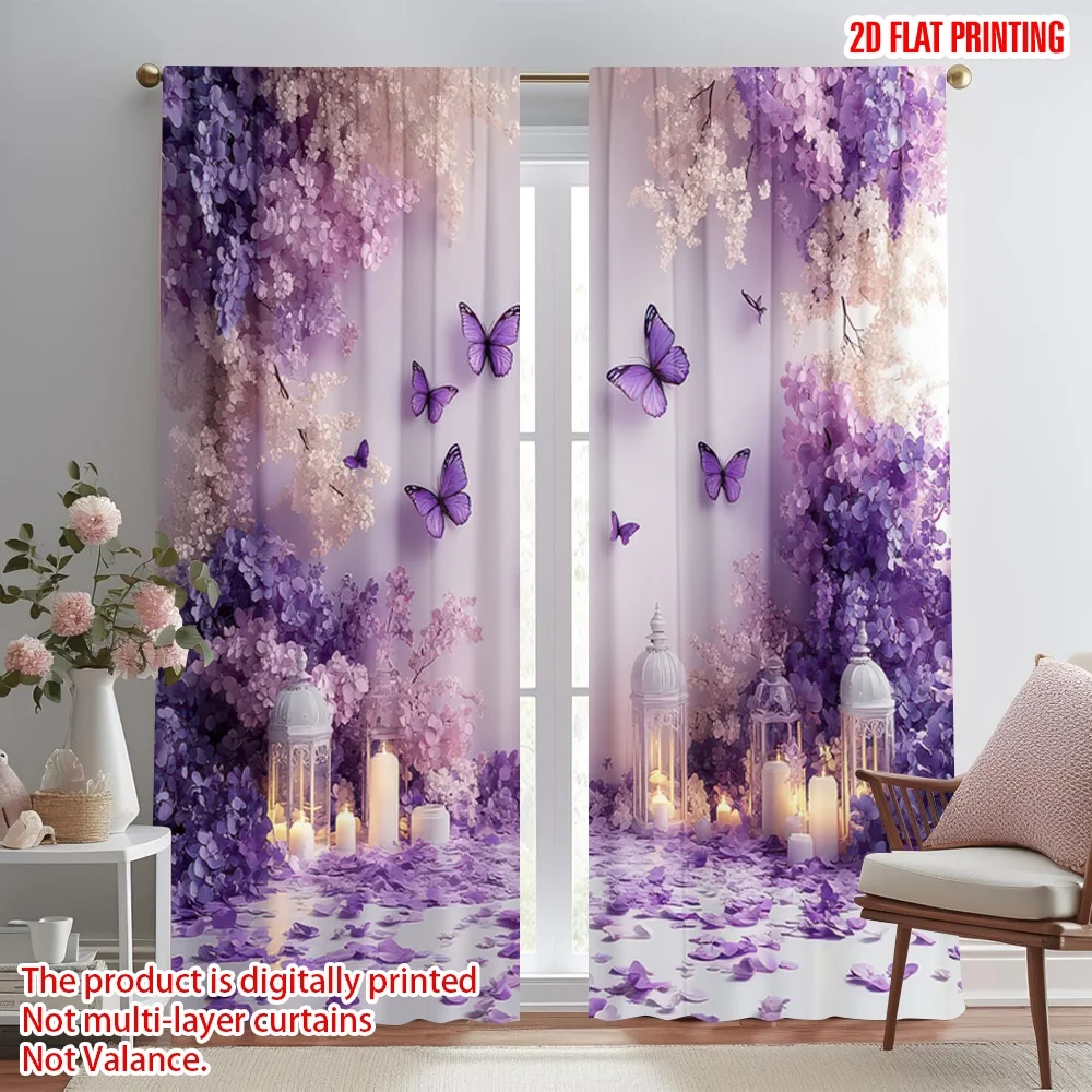 

2D flat printing 2pcs Curtain Purple Blossoms and Butterflies Digital Printed Polyester Drapes Festive Curtains Use for Event