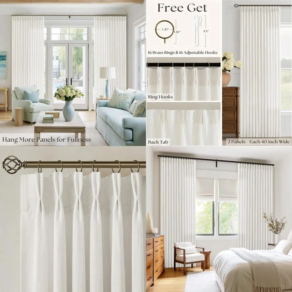 

Натуральные кремовые полупрозрачные льняные шторы 102, плиссированные, набор из 2 панелей для гостиной, фильтрация света, стиль бохо, нейтральный ба
