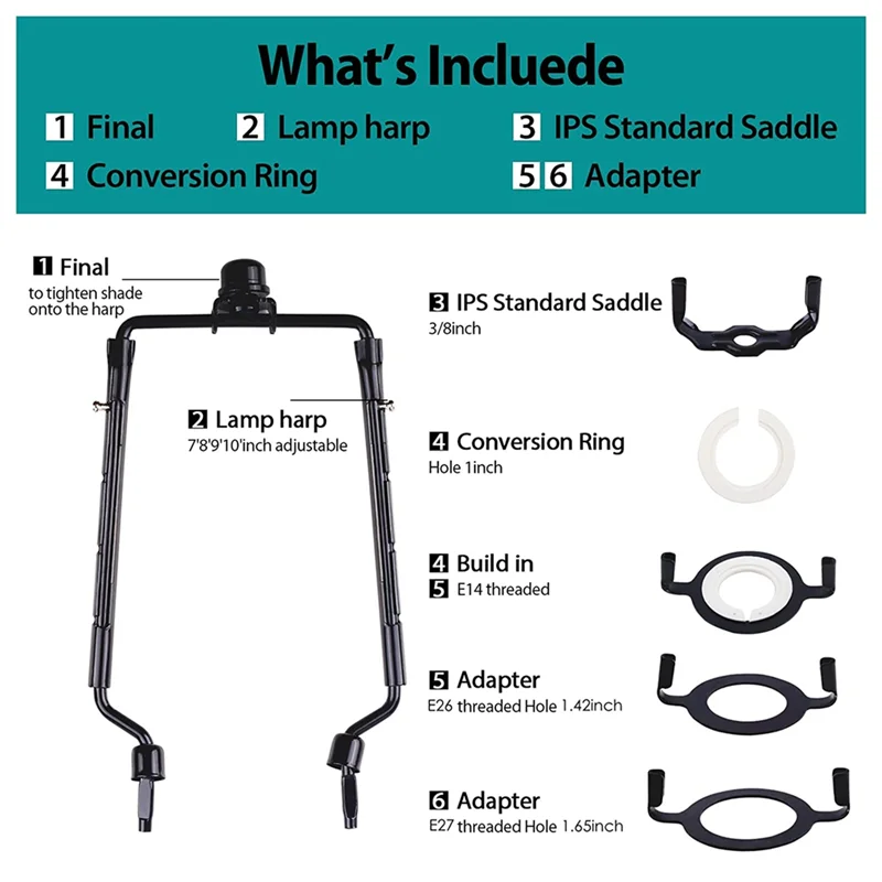 

ABMO 7-дюймовый абажур, держатель арфы, регулируемый комплект арфы для лампы E14, E26, E27, адаптер для цоколя светильника, черный роговой каркас, кронштейн для абажура