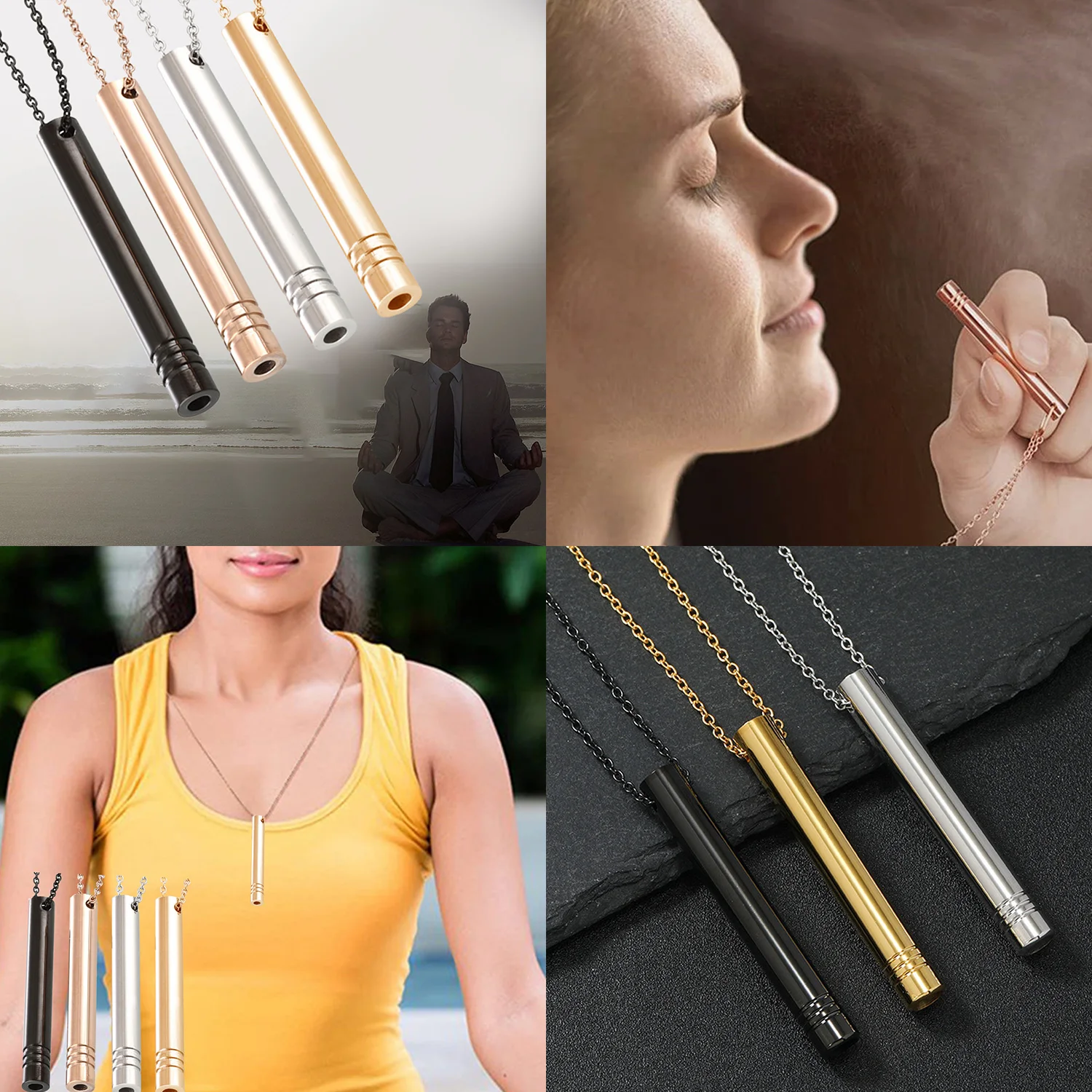 Mindfulness Breathing Necklace Stress Relief Pendant Stainless Steel Anxiety Breathe Necklace For Women Men Gold Sliver Black