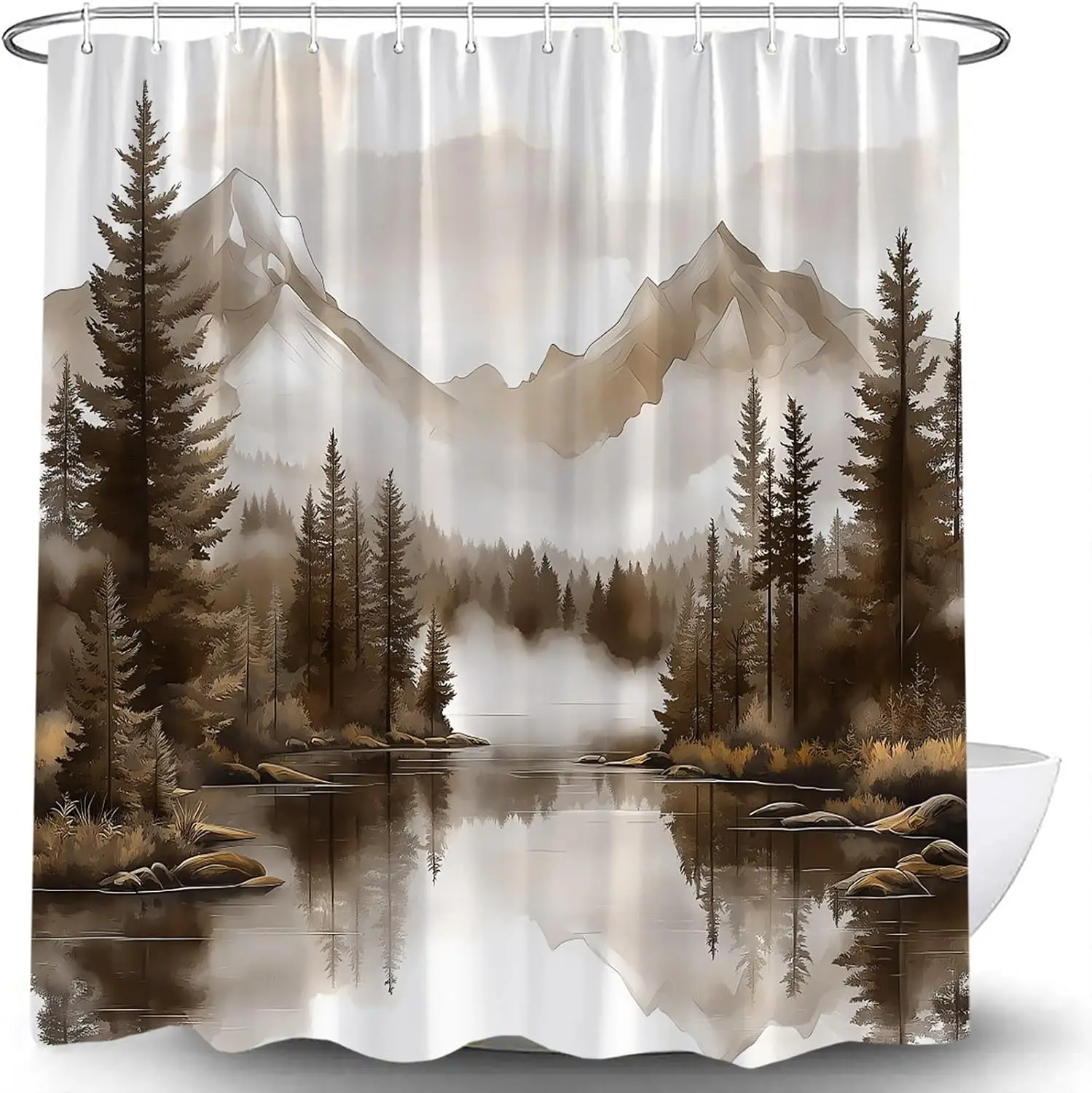 Waterproof Mountain Forest Nature Landscape Shower Curtain Rustic Bathroom Decor Scenic Print Wilderness Scene 180x180cm