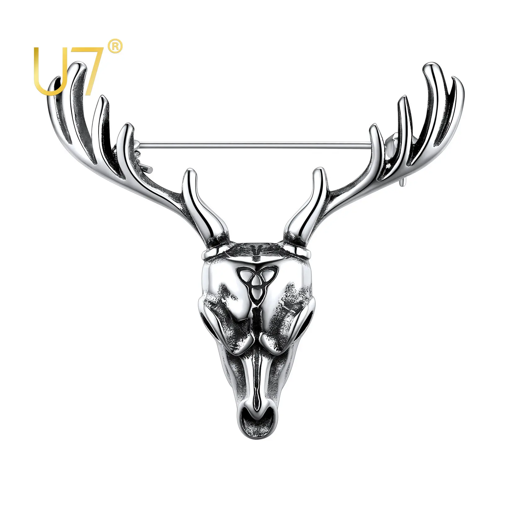 U7 Retro Forest Deer Brooches Pins Stainless Steel Viking Myth Animal Brooch Antler Elk  for Men Women