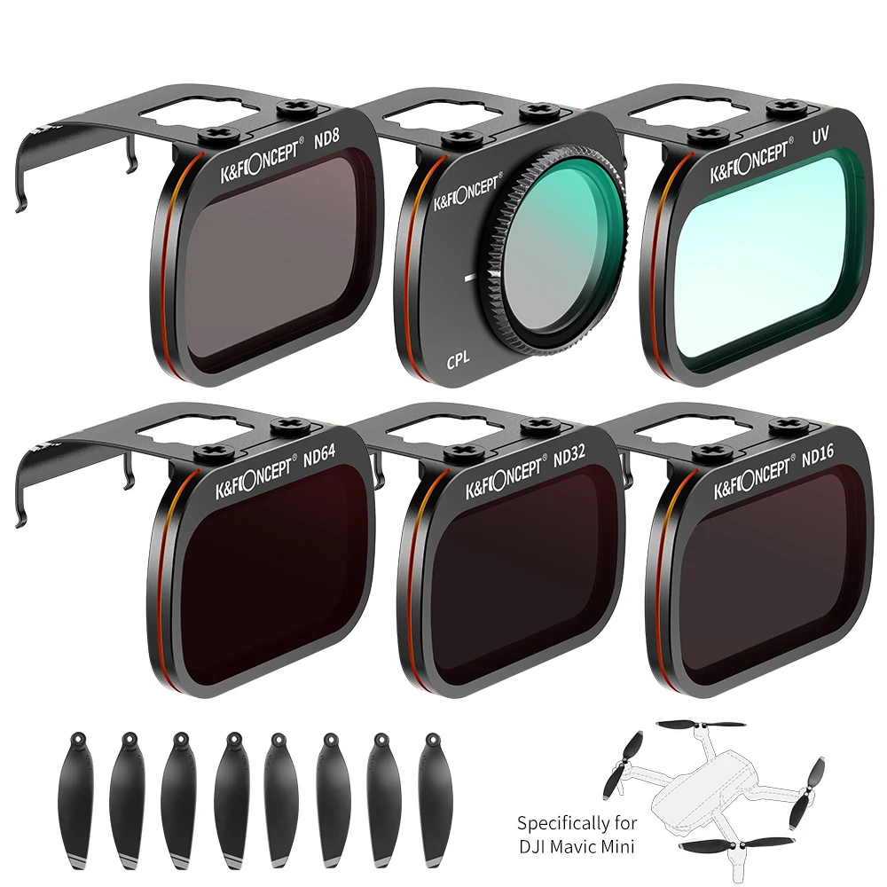 K & F Concept UV + CPL + ND8 + ND16 + ND32 + ND64 juego de filtros de lente de cámara con hoja de hélice Compatible con DJI Mavic Mini /Mini 2/Mini SE
