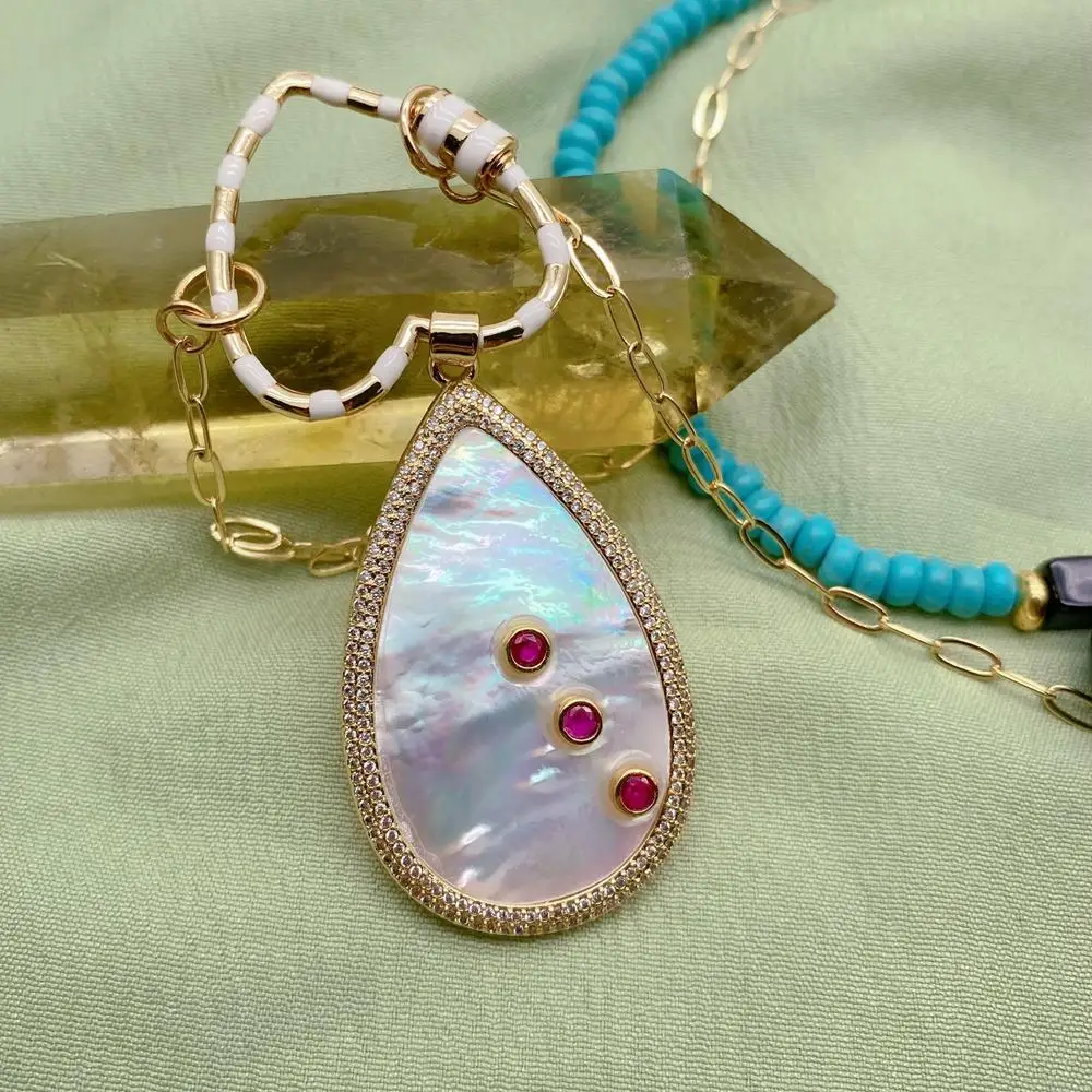 Y·YING 3 Strands Blue Turquoise Chain Necklace Big White Sea Shell Teardrop Pendant