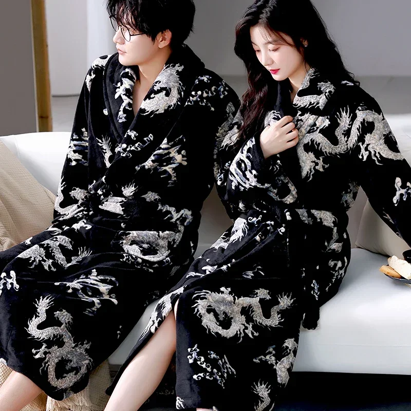 

Chinese Dragon Women Sexy Robe Nightgown Couple Coral Fleece Nightwear Autumn Winter Flannel Sleepwear Men Thick Warm Bathrobes