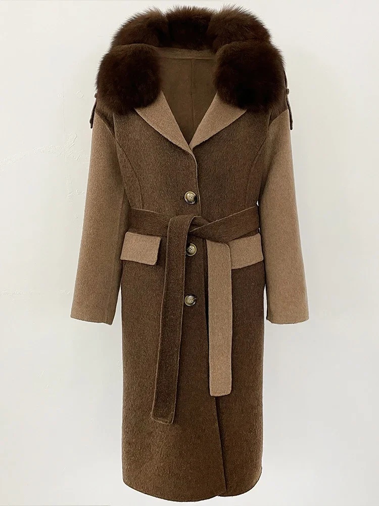 معطف صوف طويل بحزام واحد الصدر للسيدات لعام 2025 ملابس جديدة للخريف والشتاء سترة صوفية من فراء الثعلب الطبيعي والكشمير