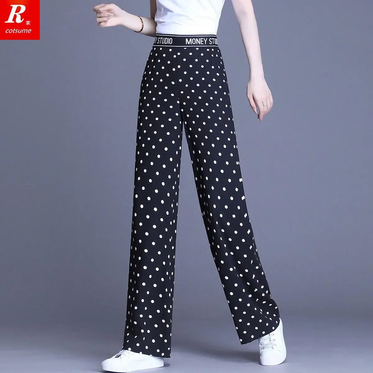 Women Pants Polka Dot Summer High Waist Straight-Leg Trousers Summer Polka Dot Chiffon Pants Summer Pantalones De Mujer