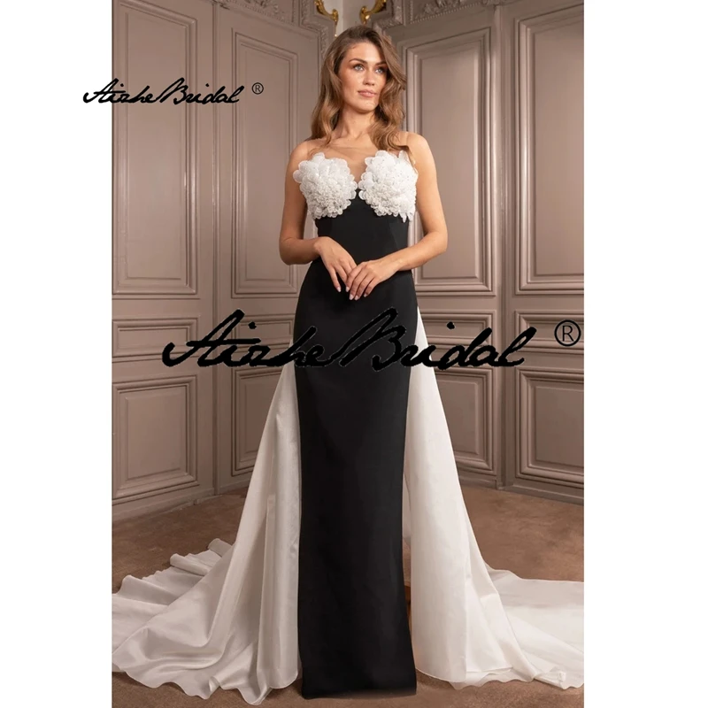 Schwarz-weiße formelle Abendkleider mit Sweep-Zug, handgekräuselte Blumen, Abschlussball-Partykleid, Vestidos de Fiesta