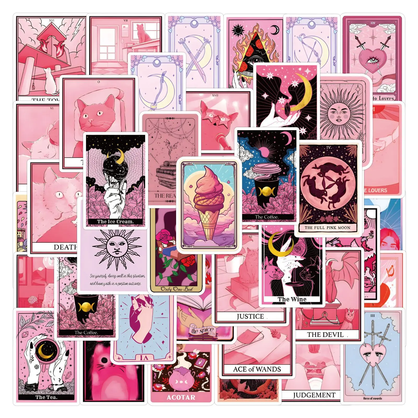 

55PCS Cute Pink Cat Tarot Stickers Aesthetic Goth Decals DIY Decoration Skateboard Laptop Suitcase Phone Guitar Sticker
