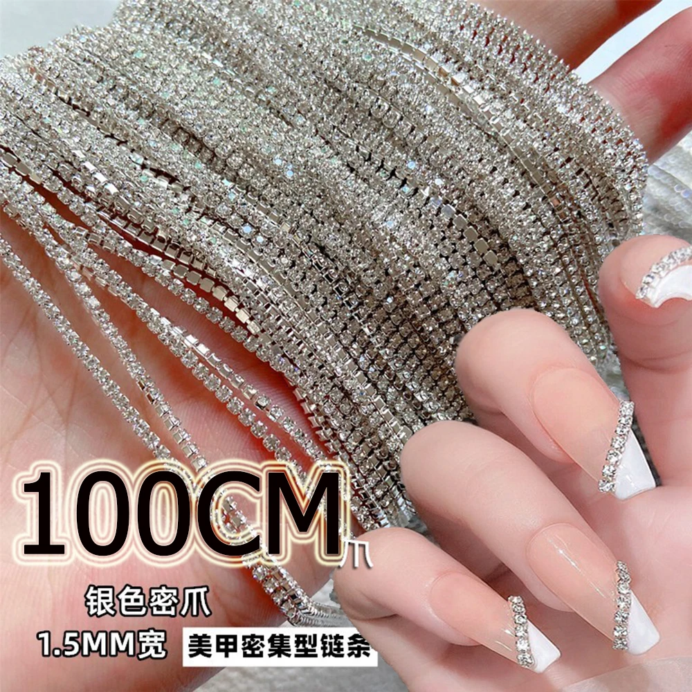 100Cm Zilver Kristal Diamant Kettingen Nagel Bedels Sprankelende Luxe Zirkoon 1.5/2Mm Ketting Nail Steentjes Trimbare Manicure Kettingen