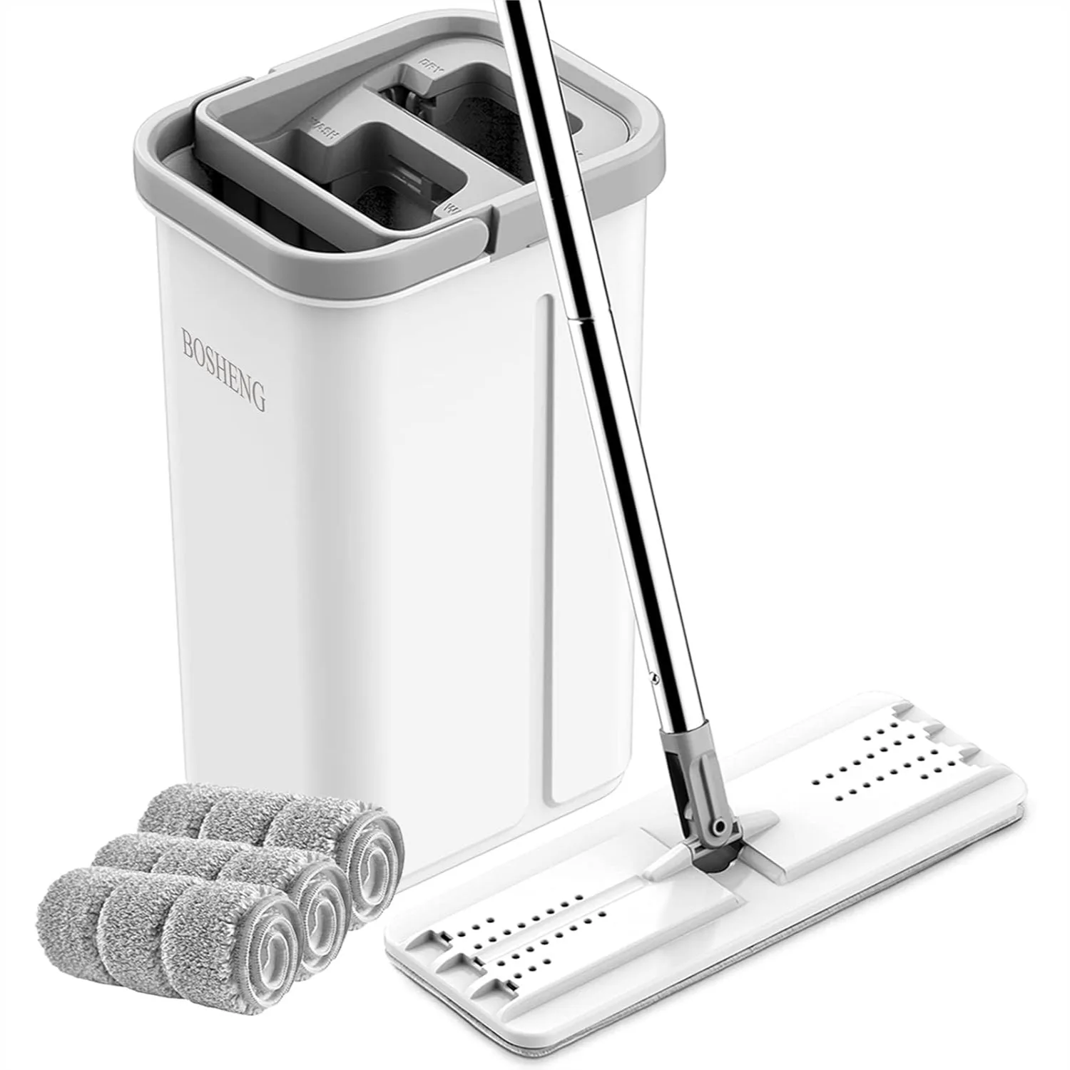 Flat Mop and Bucket with Wringer Set, Hands Free Squeeze, 3 Washable Microfiber Pads for All Floor Types and Windows