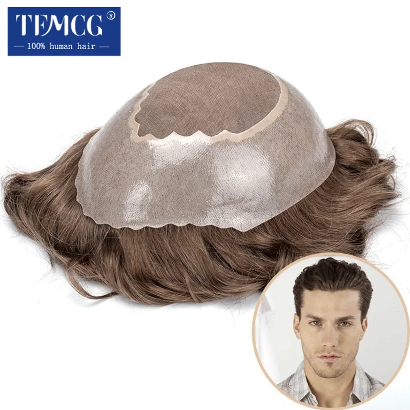 Toupee respirável para homens, renda mono no centro e prótese capilar PU de gaze, 100% peruca de cabelo humano, sistemas Exhuast, 6"