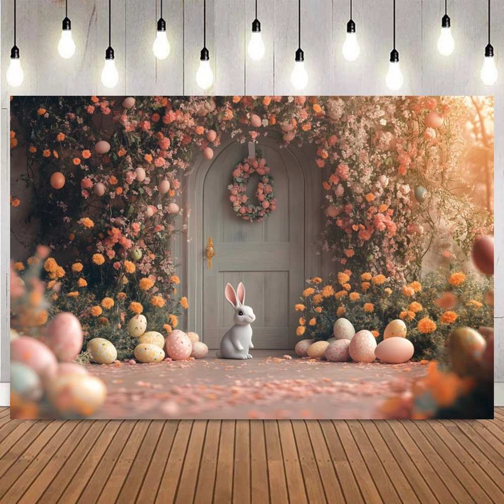 Easter Bunny Spring Floral Egg Wooden Crate Photography Background Photo Backdrop for Baby Portrait Birthday Party Studio Props