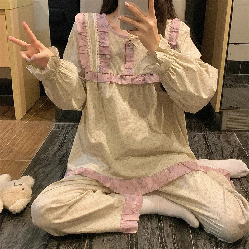 Pajamas for Women Floral Sweet Patchwork Tender Prairie Chic Soft Homewear Aesthetic Students Dormitory Ulzzang Trendy Sleepwear