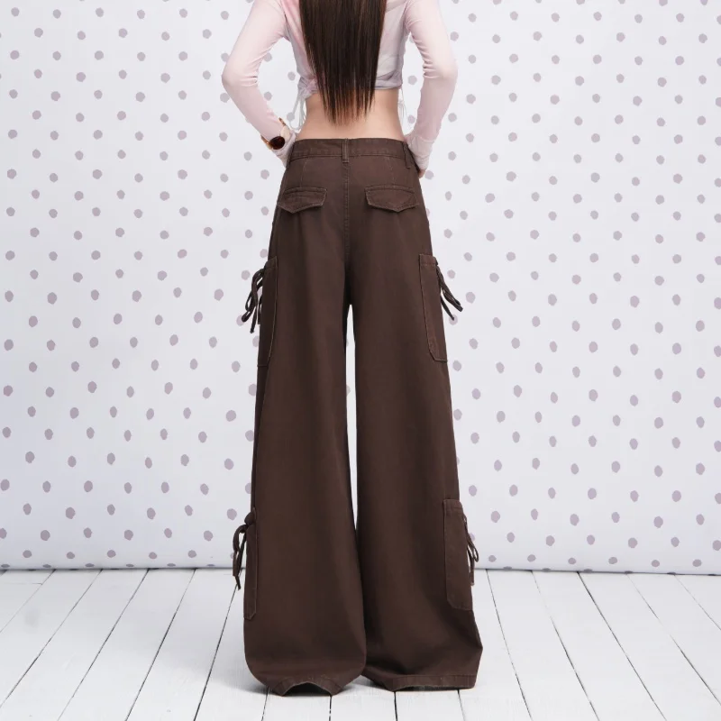 Brown Multi Pocket Wide Leg Cargo Jeans Women Y2K Streetwear High Waist Casual Denim Baggy Pants Casual Khaki