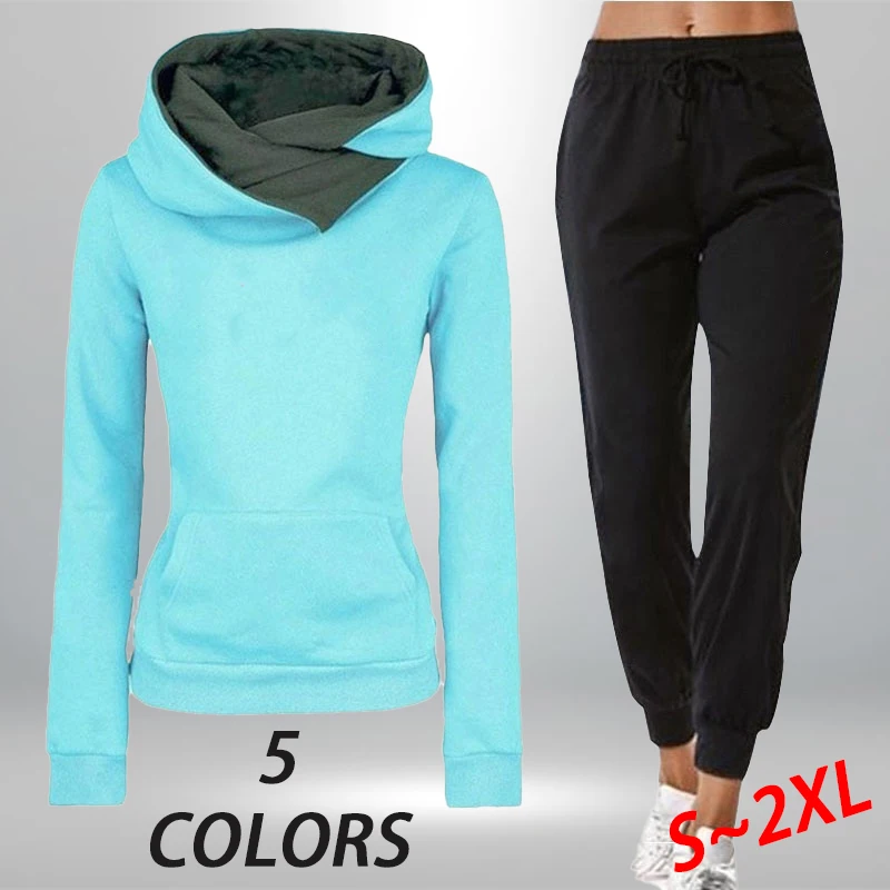 

Women's Fashion High Collar Solid Color Two Piece Jogging Set Casual Pullover Hoodie Sweatwear Pants Sweatshirt Jogging Set