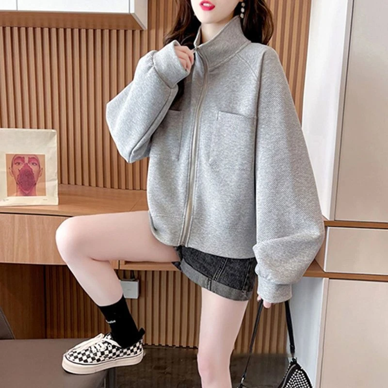 Women Zip Up Hoodie Stand Collar Loose Fit Casual Lightweight Cardigan Spring Autumn Fashion Sweatshirt