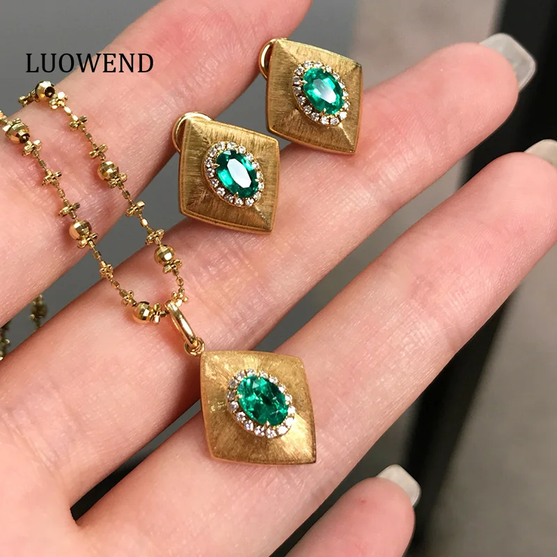 

LUOWEND 100% 18K Yellow Gold Pendant Vintage French Style Shiny Diamond Natural Emerald Pendant&Earrings for Women Fine Jewelry